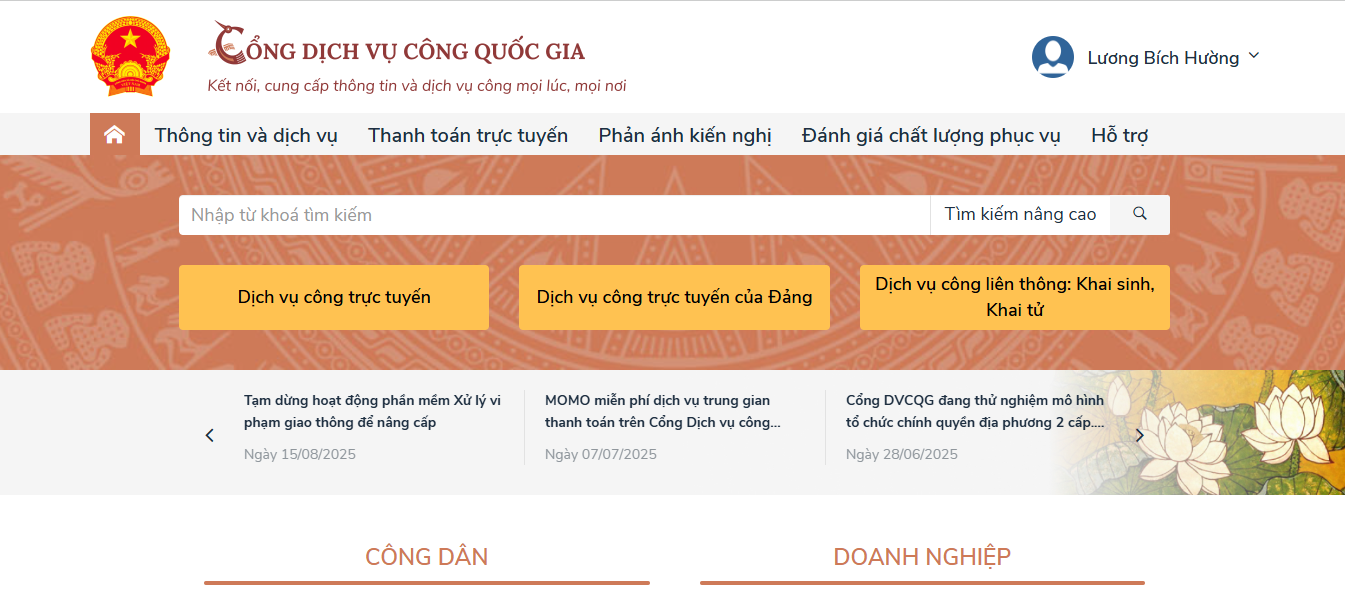 Ảnh chụp màn hình trang chủ Cổng Dịch vụ công quốc gia