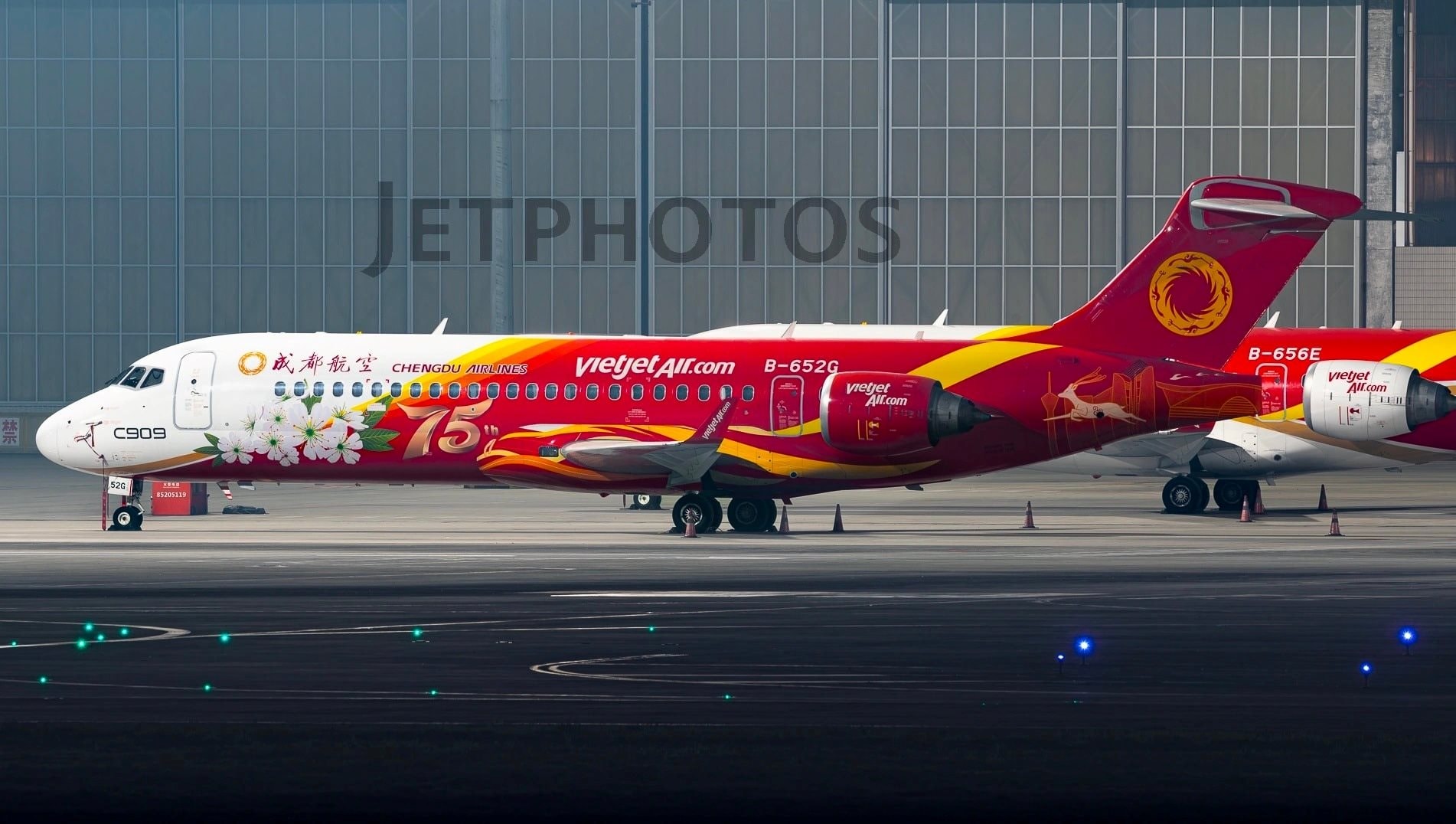 Chiếc máy bay C909 với nhận diện thương hiệu của Vietjet